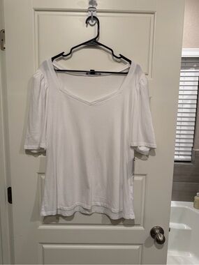 Boston Proper Womens XL Solid White V Neck Puff Short Sleeve Blouse Knit Top